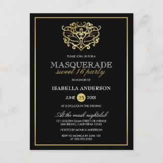 Cartão Postal De Convite Festa Elegante Dourada e Mascarada Negra Doce 16