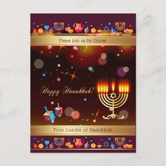 Cartão Postal De Convite Festa Feliz de Hanukkah Dourada Hanukkiah (Frente)