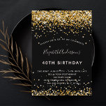 Cartão Postal De Convite Festa glamourosa de ouro negro de aniversário<br><div class="desc">Um convite moderno,  na moda e glamouroso para uma festa de aniversário 40ª (ou qualquer idade). Um fundo preto decorado com poeira falsa dourada. O nome é escrito com um moderno estilo escrito à mão. Personalize e adicione os detalhes da sua festa.</div>