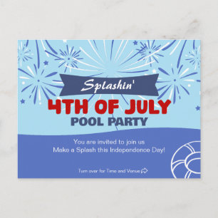 Cartão Postal De Convite Festa na Piscina de 4 de Julho Splashin'