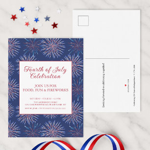 Cartão Postal De Convite Festa Patriótica de Fogos de Artifício de 4 de Jul