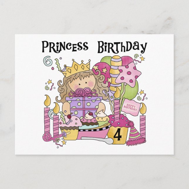 Cartão Postal De Convite Festa Princesa 4º Aniversário Camisetas e presente (Frente)