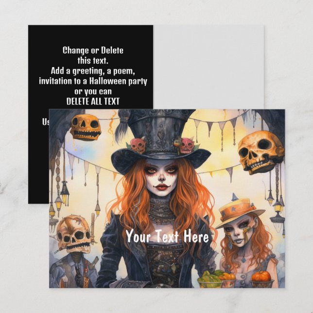 Cartão Postal De Convite Festa Steampunk Lady Skulls (Frente/Verso)