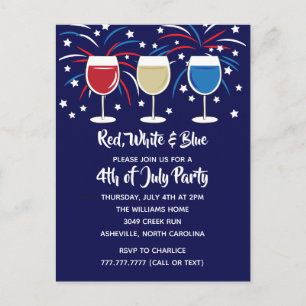 Cartão Postal De Convite Festa Vinho Tinto Branco e Azul 4 de Julho