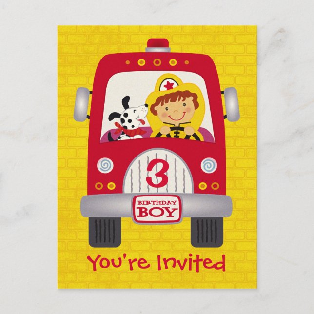 Cartão Postal De Convite Fire Truck Birthday Boy (Frente)