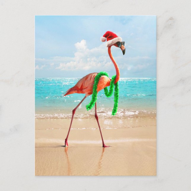 Cartão Postal De Convite Flamingo de Natal na Praia (Frente)
