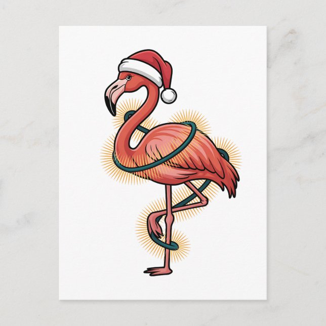 Cartão Postal De Convite Flamingo Envolto em Luzes de Natal Pássaro Rosa    (Frente)