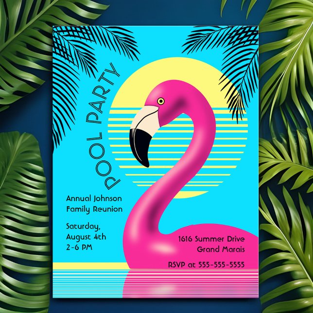 Cartão Postal De Convite Flamingo Float do Partido piscina Retro Verão Trop (Tropical flamingo summer family reunion invitation)