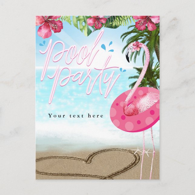 Cartão Postal De Convite Flamingo Summer Birthday PISCINA PARTY Beach (Frente)