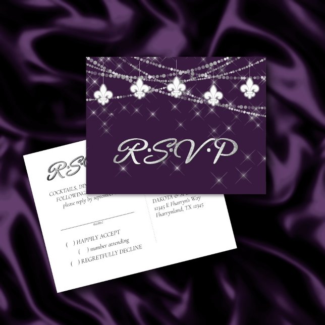 Cartão Postal De Convite Fleur de Lis Eggplant Purple Lights | RSVP Moody (Criador carregado)