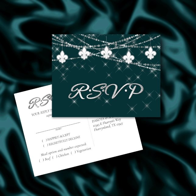 Cartão Postal De Convite Fleur de Lis | Midnight Teal RSVP Entree (Criador carregado)