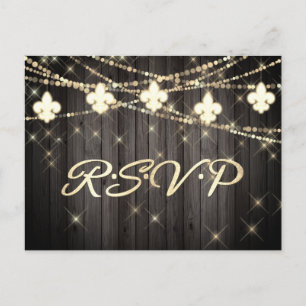 Cartão Postal De Convite Fleur de Lis Rustic Lights   RSVP Boho Wedding