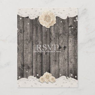 Cartão Postal De Convite Flor Branca Romântica & Pérolas RSVP de Madeira Rú