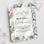 Cartão Postal De Convite Flor branco verde-empoeirado de aniversário<br><div class="desc">Flores verdes e brancas poeirentas como fundo. Personalize e adicione um nome e detalhes da parte.</div>