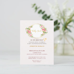 Cartão Postal De Convite Flor rosa e Dourada chá de fraldas