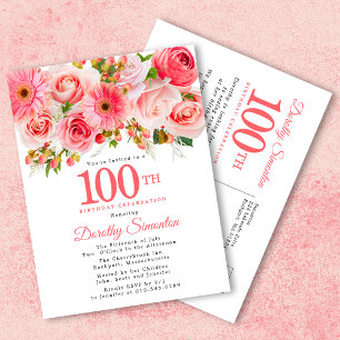 Cartão Postal De Convite Florais Rosa Elegante 100º Aniversário