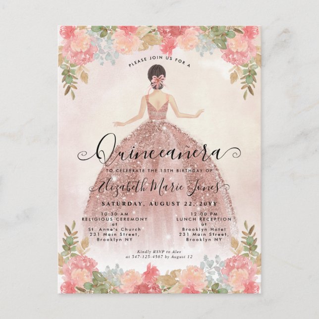 Cartão Postal De Convite Floral Blush Pink Princesa Aniversário Quinceanera (Frente)