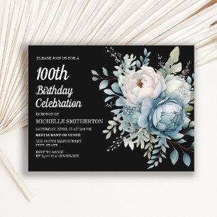 Cartão Postal De Convite Floral Branco Azul Preto 100º Aniversário Feminino