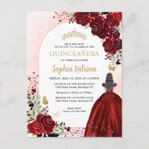 Cartão Postal De Convite Floral Burgundy Dourada Princesa Birthday Quincean
