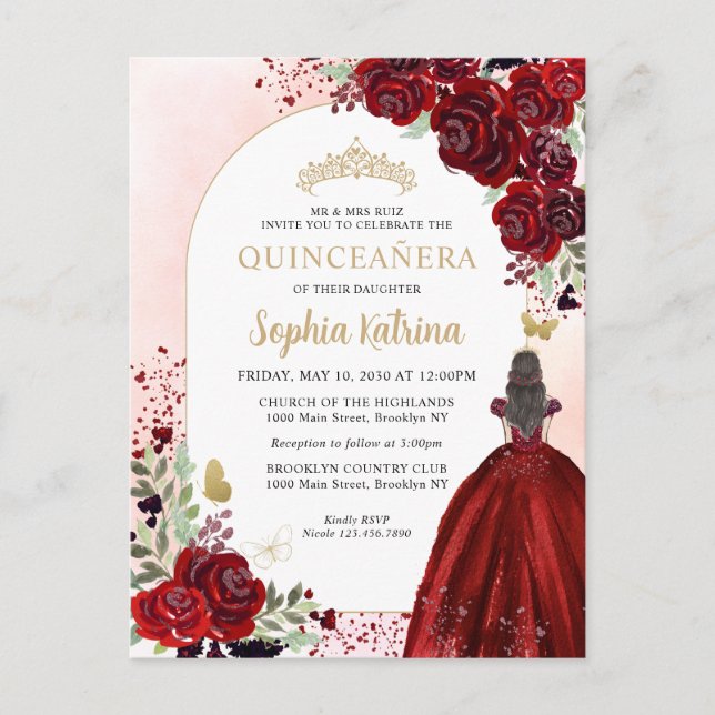 Cartão Postal De Convite Floral Burgundy Dourada Princesa Birthday Quincean (Frente)