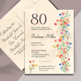 Cartão Postal De Convite Floral de Festa de aniversário Elegante Suave, 80 