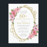 Cartão Postal De Convite Floral Dourado rosa 60º<br><div class="desc">Honra uma mulher especial com esta elegante e feminina 60ª Convite de aniversário. O 60º está escrito em grande texto dourado. A comemoração de aniversário segue. O nome do convidado também está em letras maiúsculas de ouro. O resto do texto é cinza de pomba mole. Os detalhes da celebração de...</div>