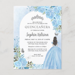 Cartão Postal De Convite Floral Dusty Blue Princesa Birthday Quinceanera