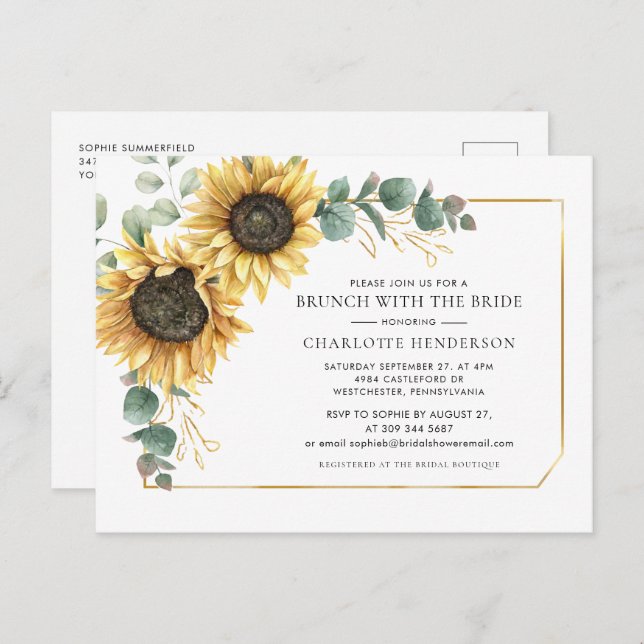 Cartão Postal De Convite Floral Eucalyptus Sunflower Bridal Brunch (Frente/Verso)