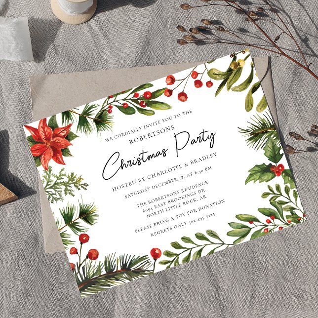 Cartão Postal De Convite Floral Greenery Script Festa de Natal (Botanical Red Berries Greenery Script Christmas Party Invitation)