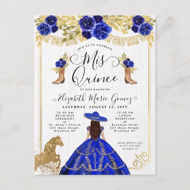 Cartão Postal De Convite Floral Royal Blue Charra Princess Quinceanera (Frente)