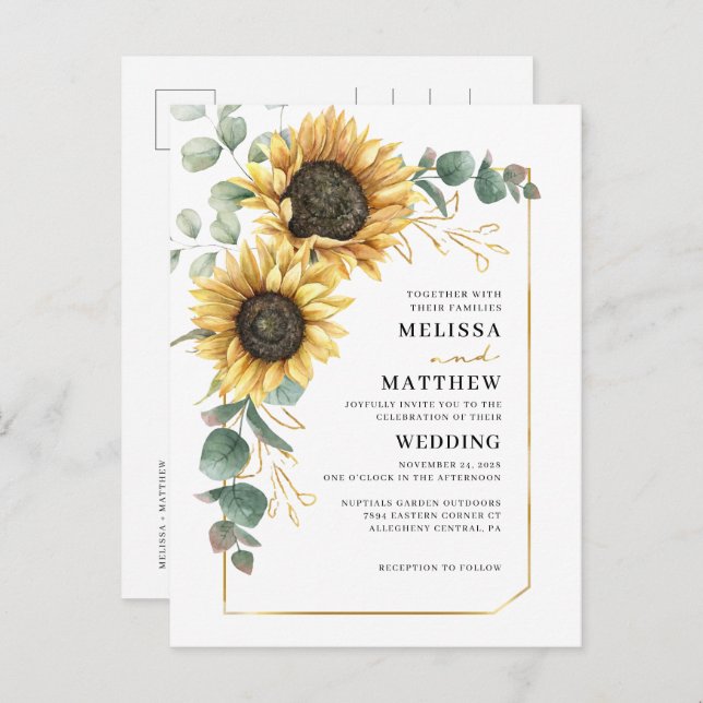 Cartão Postal De Convite Floral Sunflower Eucalyptus Wedding (Frente/Verso)