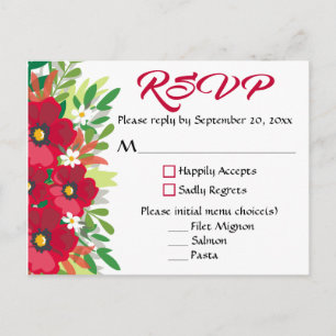 Cartão Postal De Convite Floral Vermelho RSVP Flores Burgundy Aquarela Fest