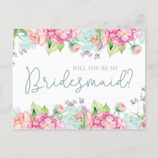 Cartão Postal De Convite Floral Watercolor Você Será Minha Porta-Voz?