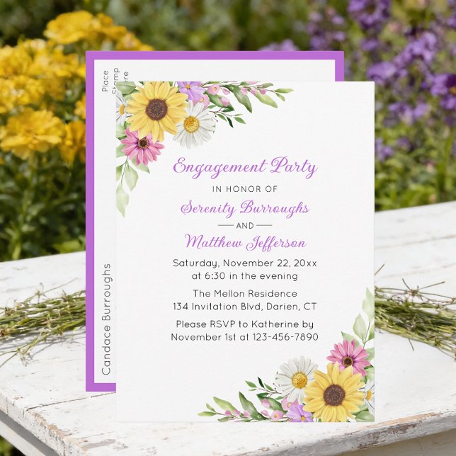 Cartão Postal De Convite Floral Wildflower Sunflower Daisy Engagement Party (Criador carregado)