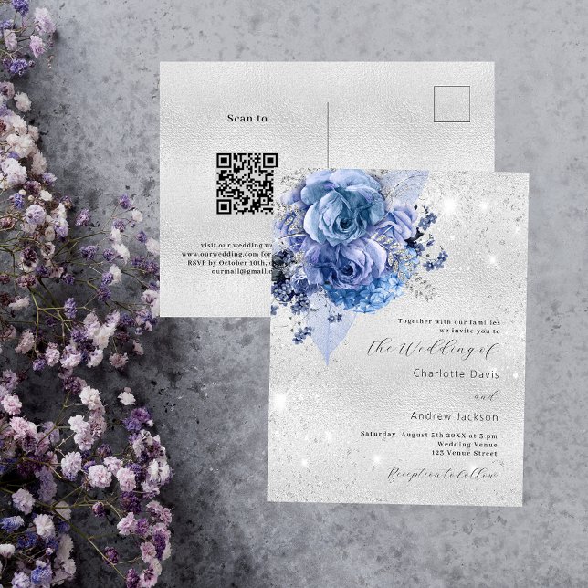 Cartão Postal De Convite Flores azuis prateadas código QR RSVP detalhes do  (Criador carregado)