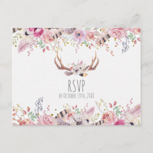Cartão Postal De Convite Flores Boho Chic Chifres de Veado Casamento Rústic