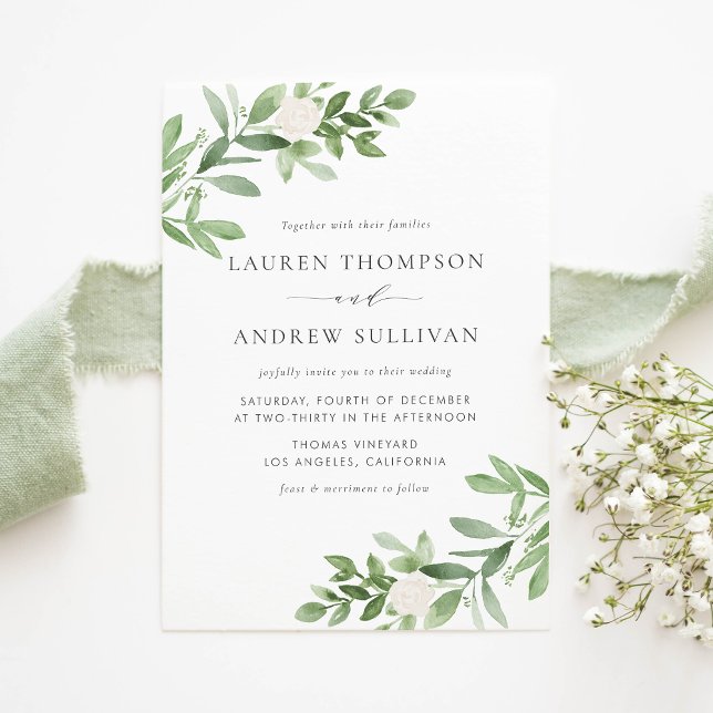 Cartão Postal De Convite Flores Brancas e Casamento Verde (Watercolor White Flowers and Greenery Wedding Invitation Postcard)