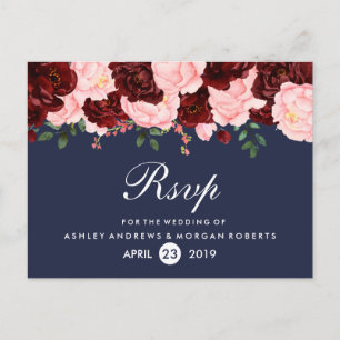 Cartão Postal De Convite Flores cor-de-rosa-claro Marinho RSVP de Casamento