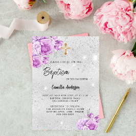 Cartão Postal De Convite Flores cor-de-rosa-prata menina Baptism