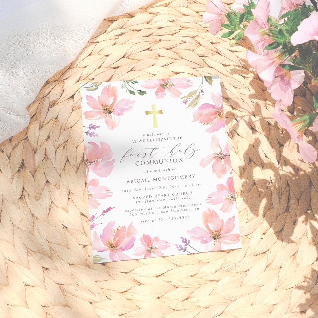 Cartão Postal De Convite Flores de Aquarela Elegantes Primeira Comunhão Sag (Criador carregado)