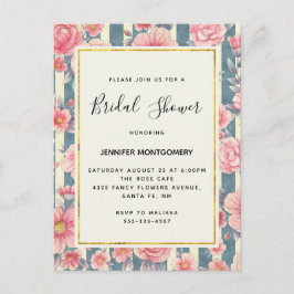 Cartão Postal De Convite Flores de Aquarela Rosa no Chá de panela de Stripe