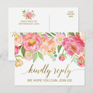 Cartão Postal De Convite Flores de Peônia Rosa e Bege RSVP
