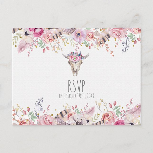 Cartão Postal De Convite Flores e Vaca - RSVP de Chico de Boho (Frente)