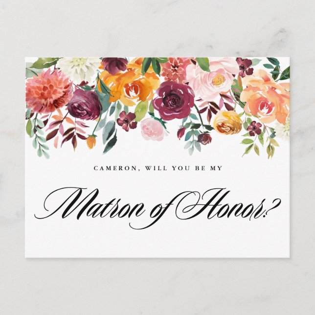 Cartão Postal De Convite Flores Outonais em Aquarela Seja Minha Dama de Hon (Frente)