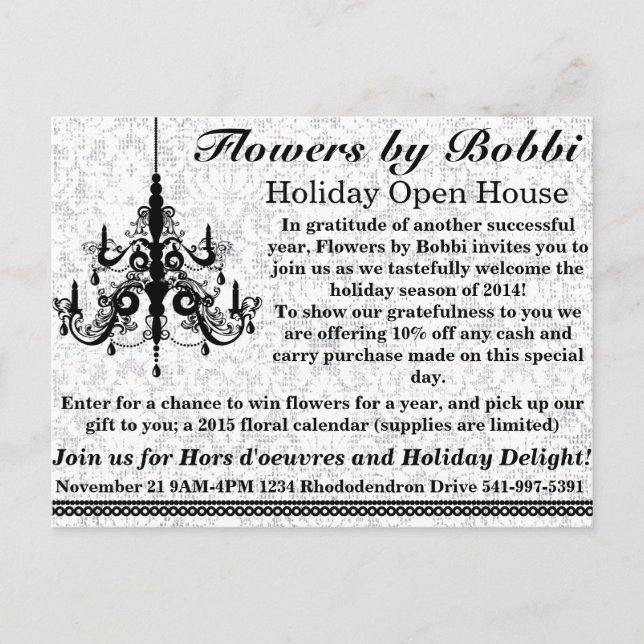 Cartão Postal De Convite Flores por Bobbi Holiday Open House 2014 (Frente)
