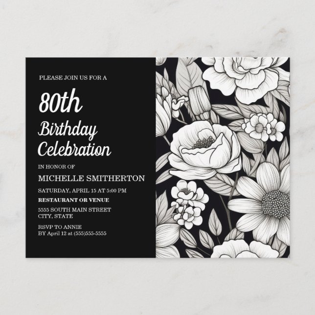 Cartão Postal De Convite Flores Preto e Branco 80º Aniversário (Frente)