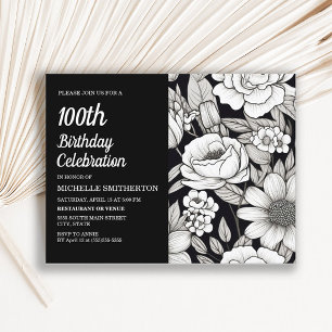 Cartão Postal De Convite Flores Preto e Branco Aniversário de 100 anos da M