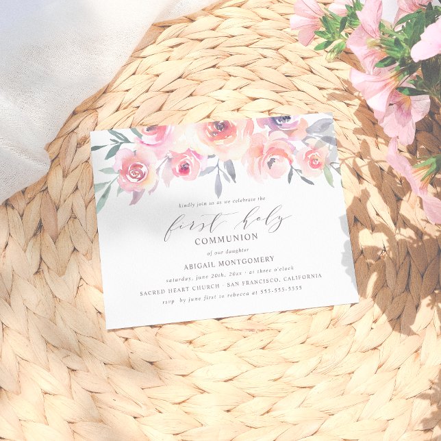 Cartão Postal De Convite Flores Rosa Esmagadas Elegantes Primeira Comunhão  (Criador carregado)