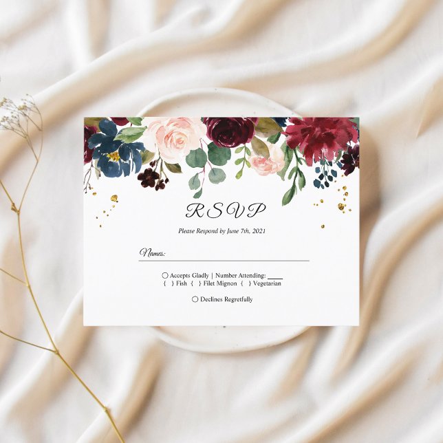 Cartão Postal De Convite Flores Rustic Burgundy Marinho Blue & Red Beauty (Criador carregado)