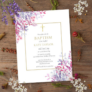 Cartão Postal De Convite Flores Silvestres Floral Dourado Batismo Batizado